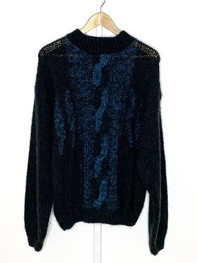 Street Scenes | 80s 90s VINTAGE Grey/Blue Chunky Cable-Knit Grandpa Sweater Sz L